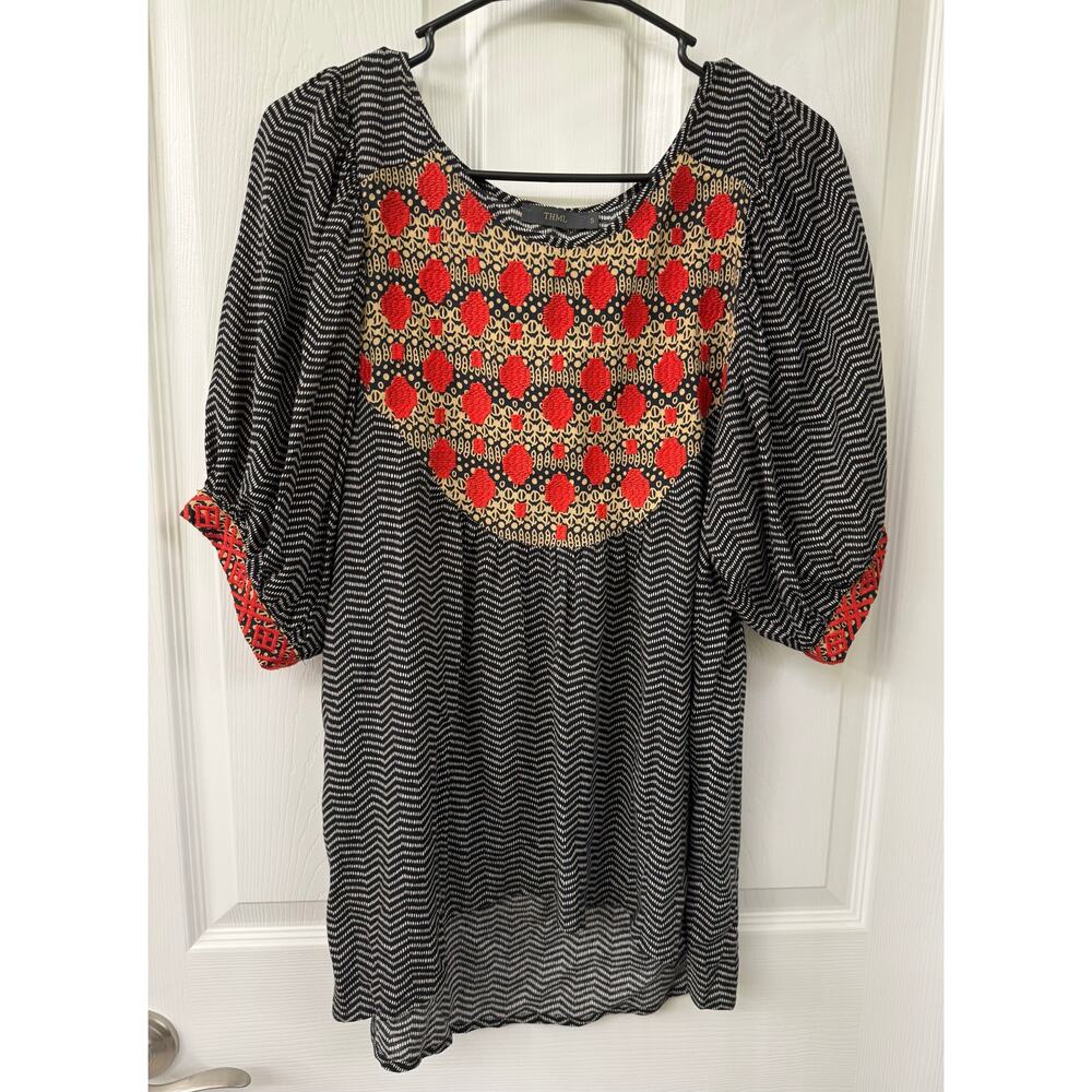 THML boho top embroider red stitching black stripe small tunic oversized blouse